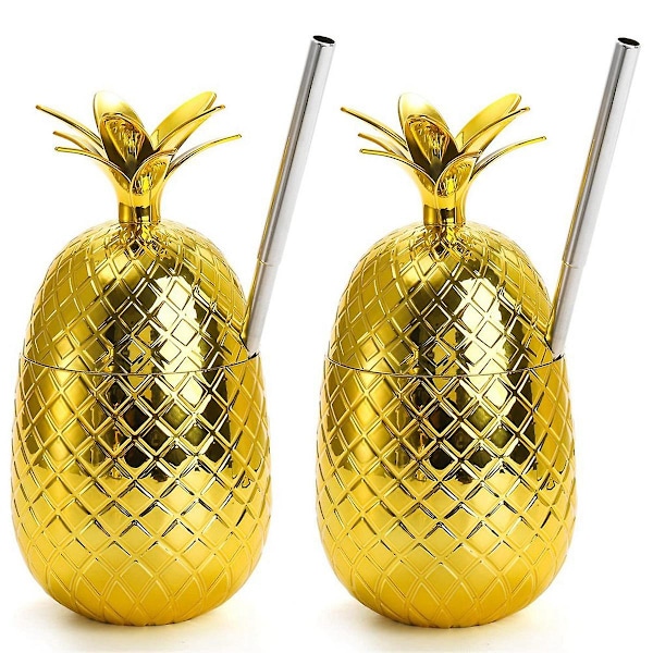 2 Pack Pineapples Drink Cups, 450ml Gold Pineapples With Stretched Straw, Hawaiian Luau Party Cups