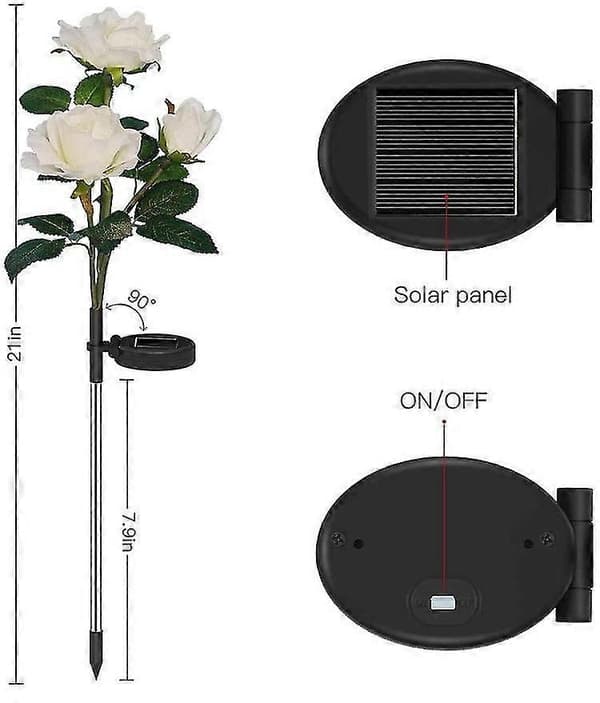 Solcellelys til hagen, vanntette hvite roseblomster, solcellebelysning, utendørs solcellehagepyntlys til julehage, gårdsplass, uteplass