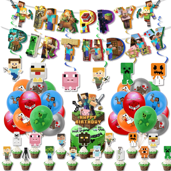Pikselspilltema bursdagsfest dekorasjonssett Pixel War My World Spiral Cake Card Balloon