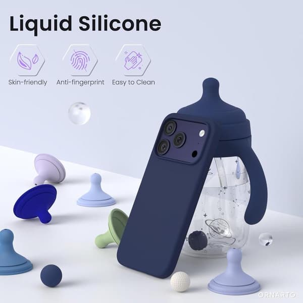iPhone 17 Pro skal, premium flytande silikonskal, mjukt cellgummi, repfritt mikrofiberfoder, stöttåligt skydd, mörkblå