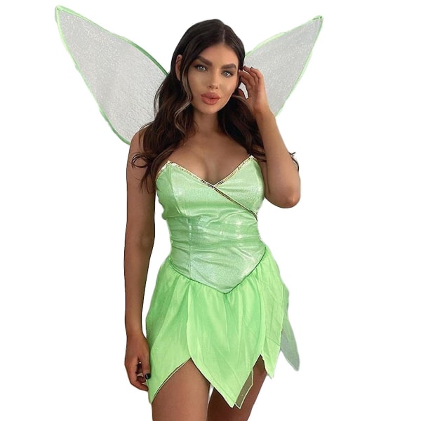 Kvinder Fairies Tinker Bell Costume Dress Green Elves Cosplay Dress With Green Wings