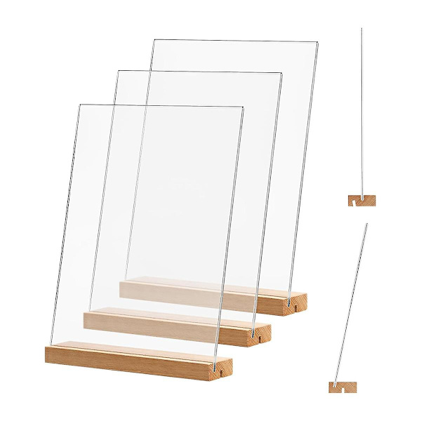 Akrylskilteholder, 4-pak, 8,5x11 tommer, L/t-form Klar akrylrammer Træbase, Bordmenu Dis transparentwood