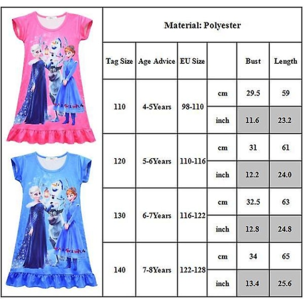 Børn Piger Frosne Elsa Anna Print Natkjole Kortærmet Pyjamas Kjole Nattøj Light Blue 7-8 Years