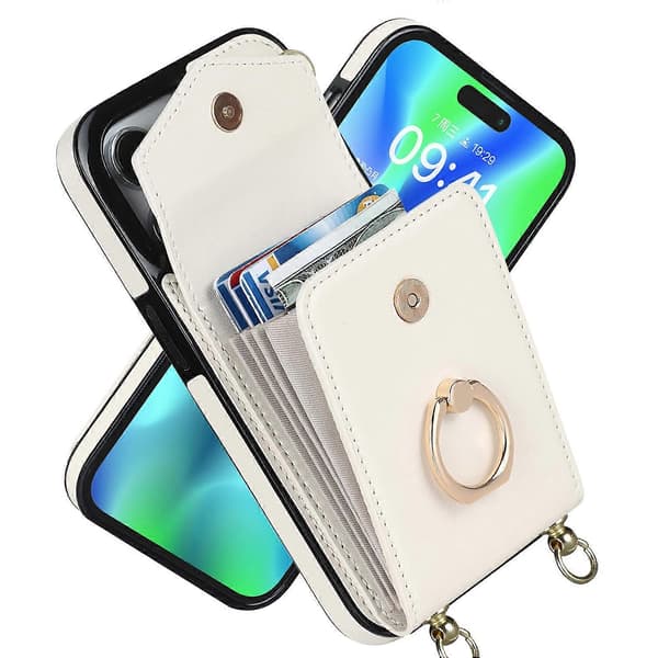 För iPhone 14 Ringhållare RFID-kortplats Telefonfodral med lång snodd Beige
