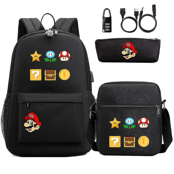 3-delt Super Mario 3d Print Usb Anti-tyverilås Ungdomsstudentryggsekk - Unisex Casual reiseveske for menn og kvinner 2