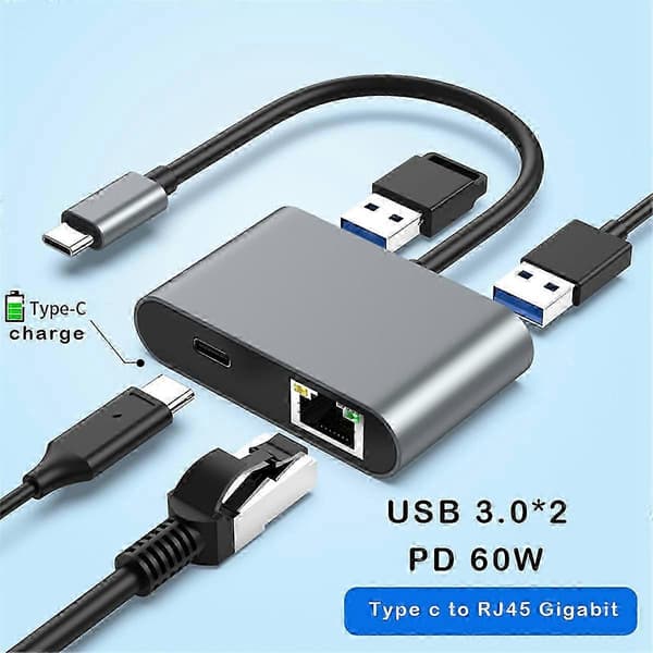 USB C Ethernet-adapter 1000 Mbps med PD-lading og doble USB 3.0-porter Som visas