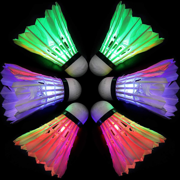 6 stykker Led Badminton Shuttlecocks, Dark Night Fargerike Led Goose Feather Glow Birdies