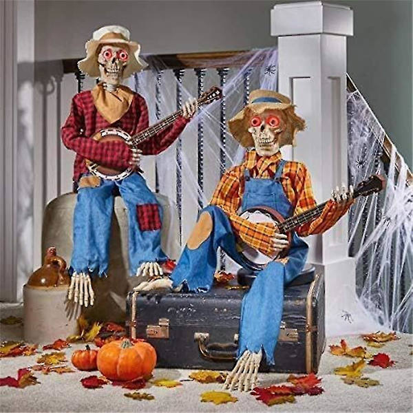 Rolig Animerad Duell Banjo Skelett,animerad Rörelse/ljud Aktiverad Musikal Flerspråkig Banjo Skelett Duo Halloween Höst Inomhus Decor-mxbc Red Non-luminous