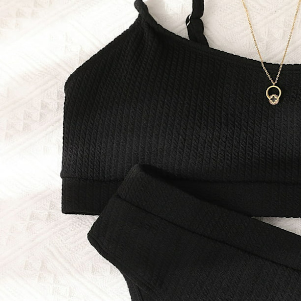 Naisten korkeavyötäröinen ribbinetti Cami Set, musta L-US12