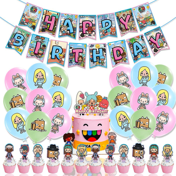 Toca Life temaet Happy Birthday festdekoration banner ballon kage/cupcake toppers kit