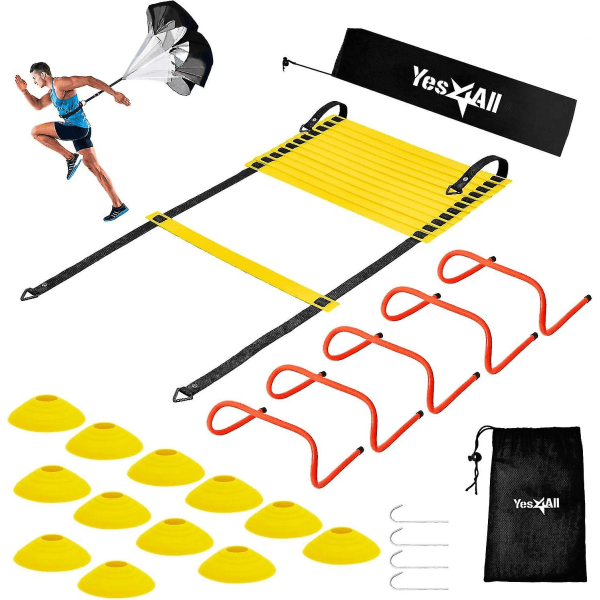 Ultimate Combo Agility Ladder Træningssæt Speed ​​Agility Ladder 12 justerbare trin, 12 agility kegler og 4 stålpæle - Inkluderet bæretaske D  Combo Yellow