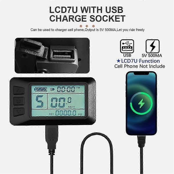 Elektrisk cykeldisplay KT LCD7U KT-LCD7U LCD-displaycomputer med USB-interface vandtæt stik Svart