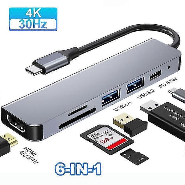 USB C-hub 6-i-1 med 4K HDMI, SD/TF-kortleser, PD-lading - Dockingstasjon for bærbar PC/PC