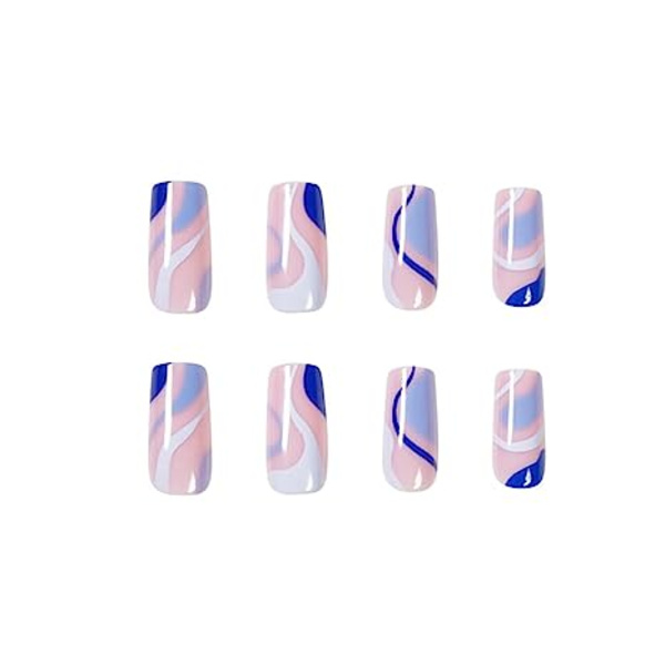 24 kpl Press on Nails Medium, arkku tekokynnet GlueSwirlillä, kiiltävä liima kynsille tekokynnet naisten tytöille (Blue Swirl)