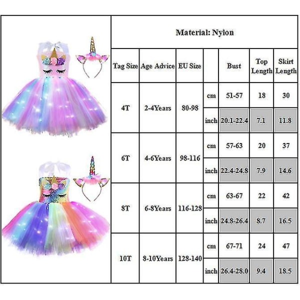 Barnflickor Enhörning Led Paljett Tutu Tulle Klänning Hårband Set Fancy Bal Klänning Födelsedagsfest Kostym Outfit B 8-10Years