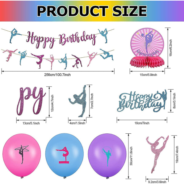 36 stk. Gymnastikfestartikler Dekoration 2 Gymnastik Fødselsdag Banner 3 Bord Honeycomb Midterstykker 12 Cupcake Topper 1 Kage Topper 18 Latex Ba