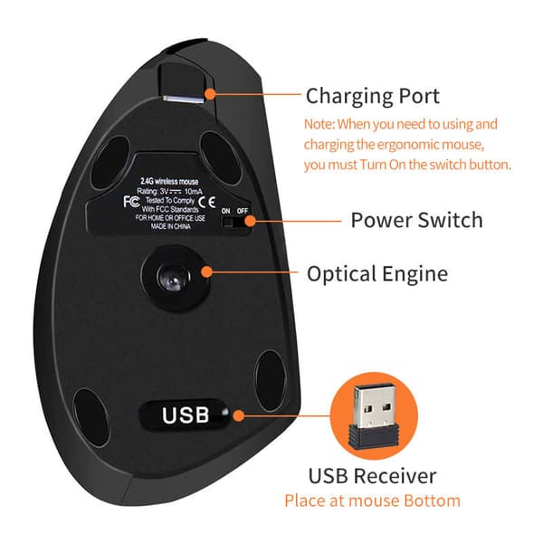Wireless Vertical Mouse, Ergonomic, with USB Receiver, 6 Buttons, 800/1200/1600 Adjustable DPI, Right Handed, White