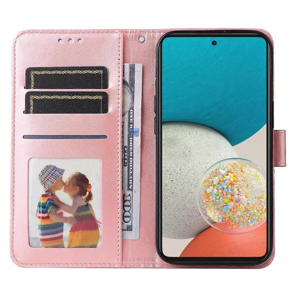 För Samsung Galaxy A53 5G präglat solrosläderfodral Pink