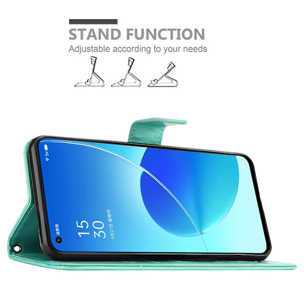 Oppo Reno6 5G Cover Case Case - med blommönster och stativfunktion och kortplats FLORAL TURQUOISE