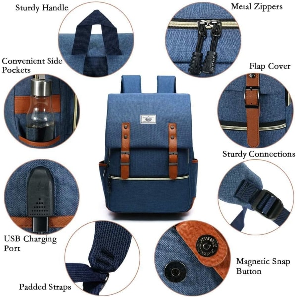 Collegeryggsäck Max 15,6 tum Laptop Casual Ryggsäck Vattentät Business Travel Skolryggsäck med USB unisex(blå) Blue