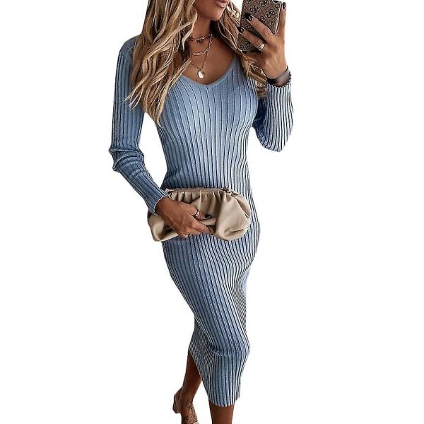 Kvinder Ribstrikket V-hals Langærmet Bodycon Sweater Stretch Slim Fit Midikjole Blue L