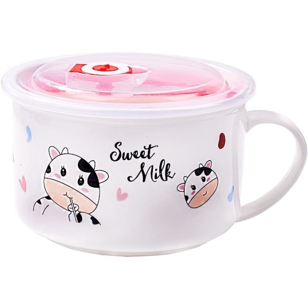 Keramikskål med lock och handtag, söta kordesign, mikrovågsugn för Instant Noodle Sara, spannmålsskål (söt mjölk)