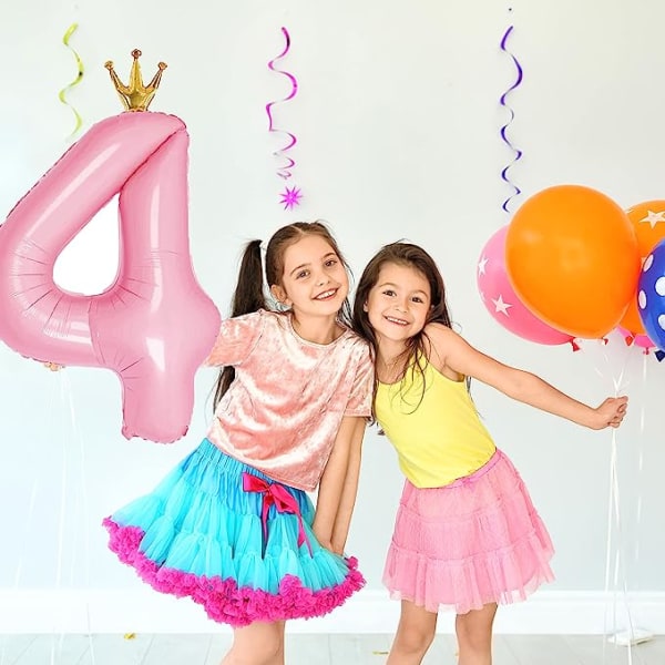 4 ballonger med krone, stor ballong 101,60 cm, dekorasjon til 4-årsdagsfesten gir 4-års-logo-dekorasjon, rosa