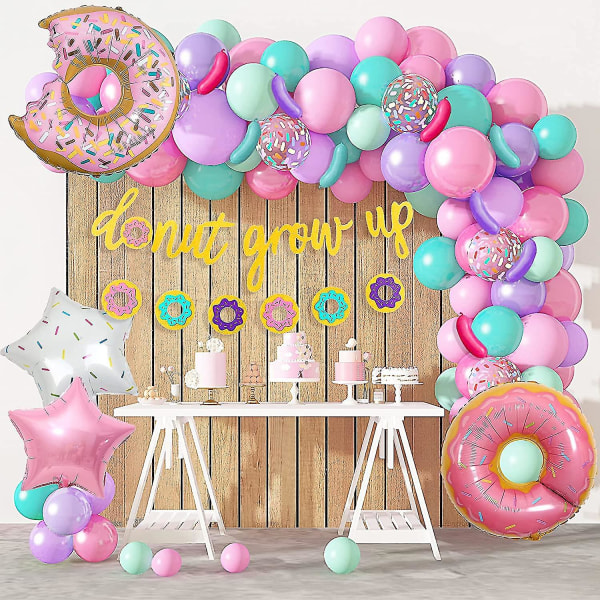 Donut Födelsedagsfestdekorationer, Munkballonger Garland Grow Up Festtillbehör Donut Grow Up And Donut Banner Rosa Blå Konfetti Pearlescent Folie Bal