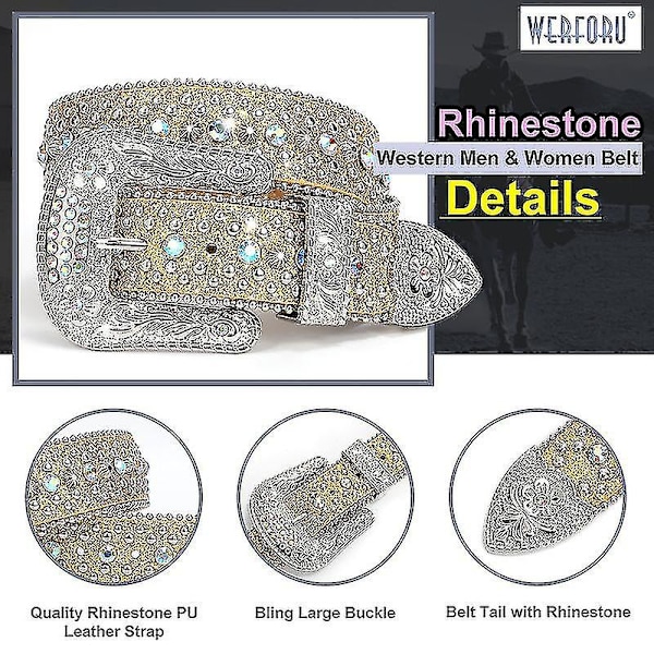 Strassbälte för män kvinnor Western Cowboy Cowgirl Bling dubbat läderbälte för jeansbyxor Golden 105cm(41Inch)