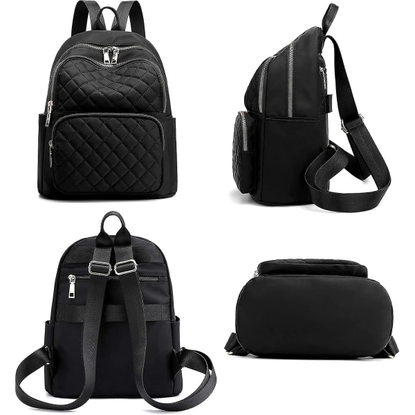 Ryggsäck för kvinnor, nylon reseryggsäck handväska svart liten skolväska för flickor, svart (quiltad),