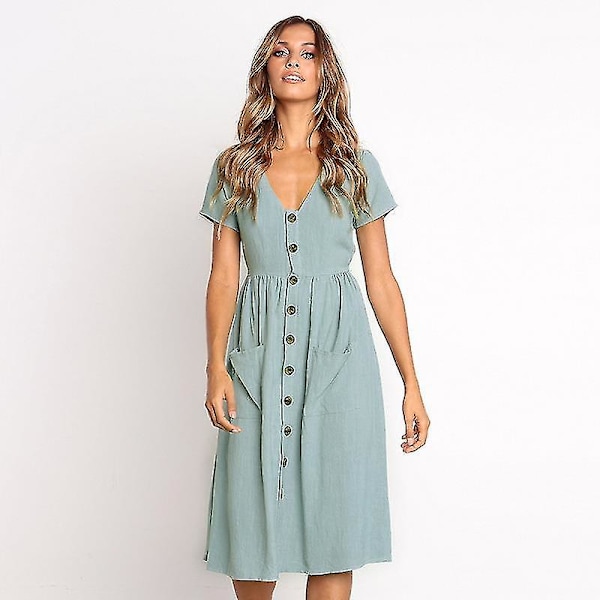 Naisten kesämekot Casual Midi-mekko Lyhythihainen paitamekko V-kaula-aukolla, nappi alas Swing A Line Tunika-mekko taskuilla light blue