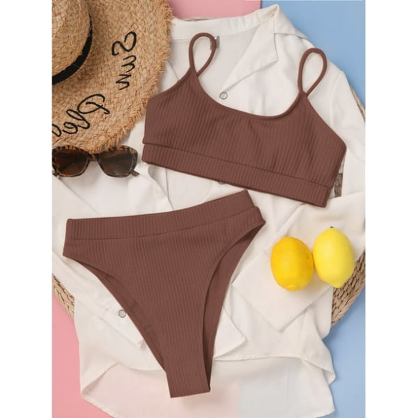 Kvinner med høy midje ribbet Cami Bikini Set Coffee S-US4