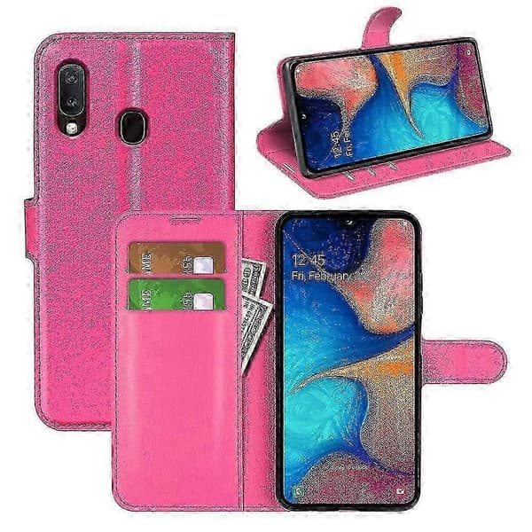 Litchi Textur Plånboksställ Läder Skyddande Telefonfodral för Galaxy A20e Rose Rosa