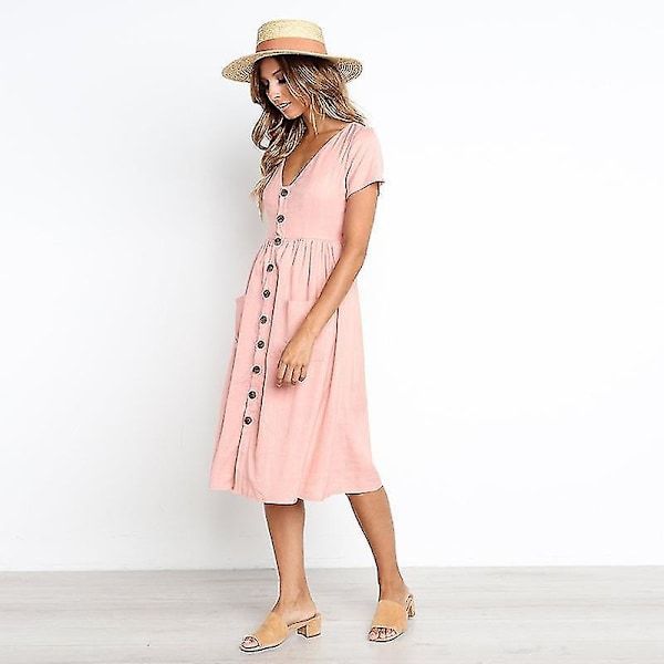 Naisten kesämekot Casual Midi-mekko Lyhythihainen paitamekko V-kaula-aukolla, nappi alas Swing A Line Tunika-mekko taskuilla pink