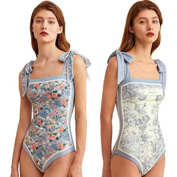 Blomsterbadedrakt for kvinner, dobbeltsidig snøring med enkelt skulderbikini, rumpekontroll Swi M