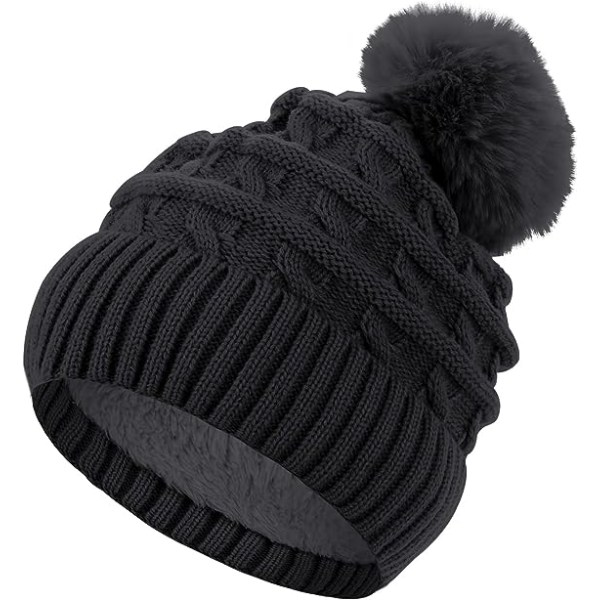 Bobble-hatt för kvinnor Vintermössa-mössor Thermal fleece-fodrad mössa Damstickad ullmössor med fuskpäls Pom Pom Black