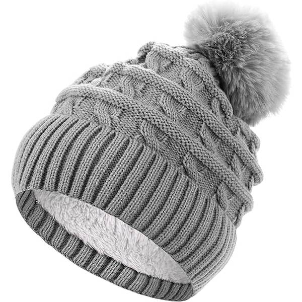 Bobble-hattu naisille Talvipipohatut Thermal fleecevuorattu hattu Naisten neulotut villahatut tekoturkisella Pom Pom Grey