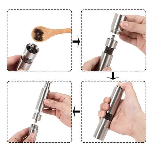 Manuel salt- og peberkværnsæt, tommelfinger-tryk pebermølle, rustfrit stål, krydderi-sauce kværne med metalholder Photo color