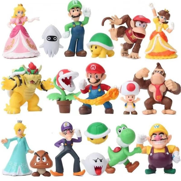 18 kpl Super Mario Bros Toimintafiguurit Super Mary Pvc Pelimalli Nuket Lelut Mario, Luigi, Prinsessa, Kilpikonna, Sieni, Orangutan sarjakuvan kakkupäälliset