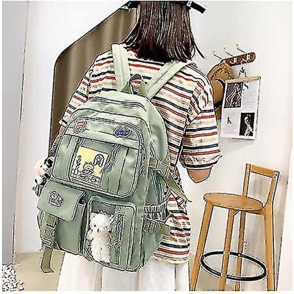 Kawaii Ryggsäck med Kawaii-nål och tillbehör Ryggsäck Söt estetisk ryggsäck Söt Kawaii-ryggsäck för skolan (rosa) green