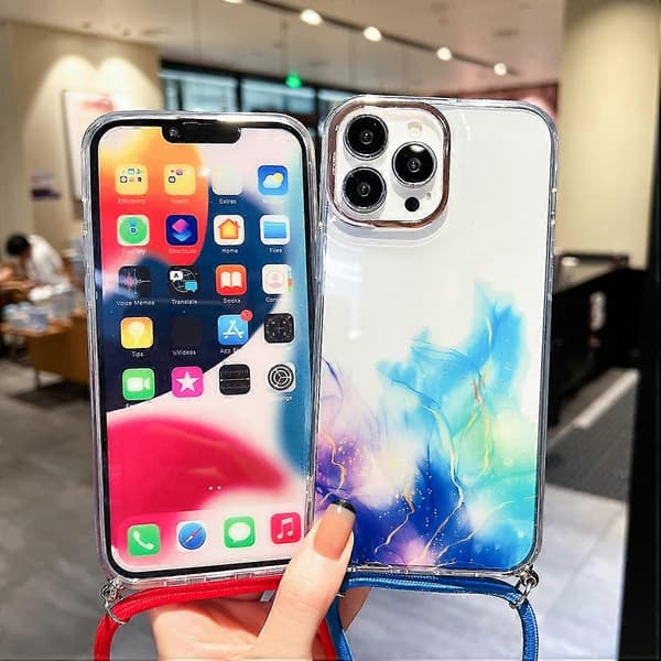 Til iPhone 13 Guld Halo Marmor Mønster Snor Telefoncover Blue