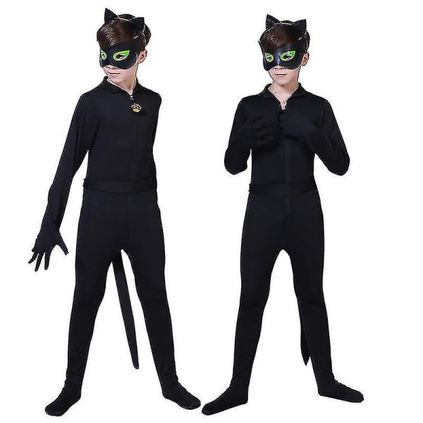 Barn Svart kattdräkt Pojkar Cosplay Noel Bodysuit med mask, öra, svans 120(115-125CM)