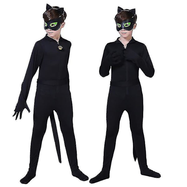 Børne sort kattekostume Drenge Cosplay Noel Bodysuit med maske, øre, hale 160(155-165CM)