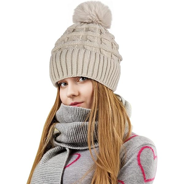 Bobble-hattu naisille Talvipipohatut Thermal fleecevuorattu hattu Naisten neulotut villahatut tekoturkisella Pom Pom Beige