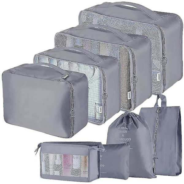 8-pack Organiser Set för Resväskor, Förvaringsväskor, Packningskuber, Resepåsar, Presenter Grey