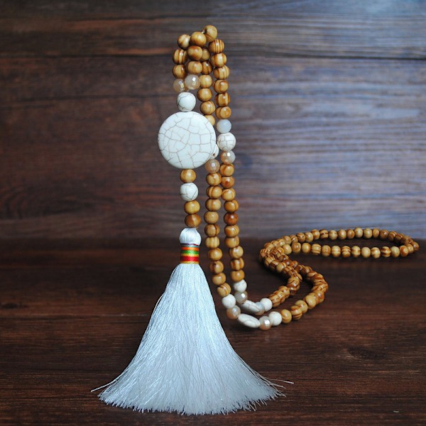 Fredshänge halsband för kvinnor, boho-estetisk tofs i trä N2248