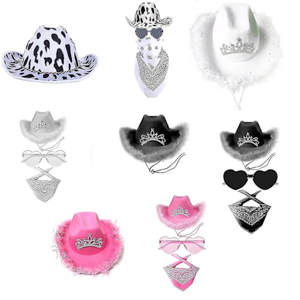 Cowboy Hatut Western Cowgirl Hattu Bandanna Lasit Unisex Cowboy Hattu Syntymäpäiväasu Cosplay Mekko Juhlatarvikkeet Black hat*glasses*square towel