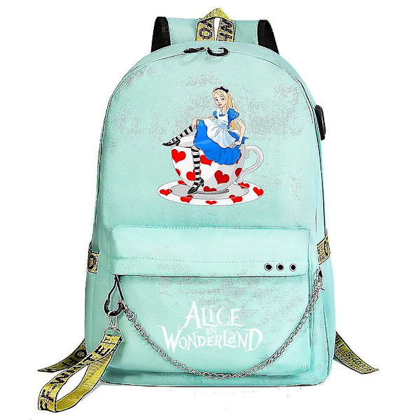 Alice In Wonderland Ryggsäck För Pojkar Flickor Barn Skolboksväskor Med USB kedja, Canvas Laptopväska för män väska Packsäck Bokväska För Dam 9