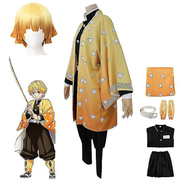 Demon Slayer Agatsuma Zenitsu Cosplay Party Kostym Outfits Halloween Party Anime Set Presenter Outfits with Wig XL