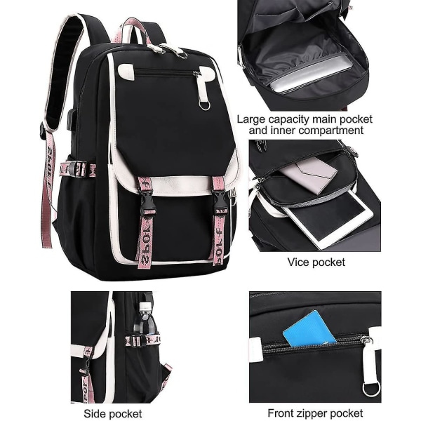 Teini-ikäisten tyttöjen reppu yläkoulun opiskelijoiden kirjalaukku ulkokäyttöön, USB latausportilla (vaaleanpunainen musta)
